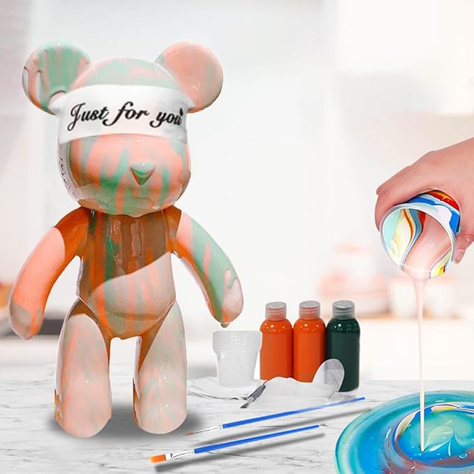 HANDA DIY Painting Fluid Bear Teddy Bear Painting Kit Set Creative Home Decorations Handmade Doll Figurine Toys Gift for Birthday Valentines (9.05 inch, Orange+Green)