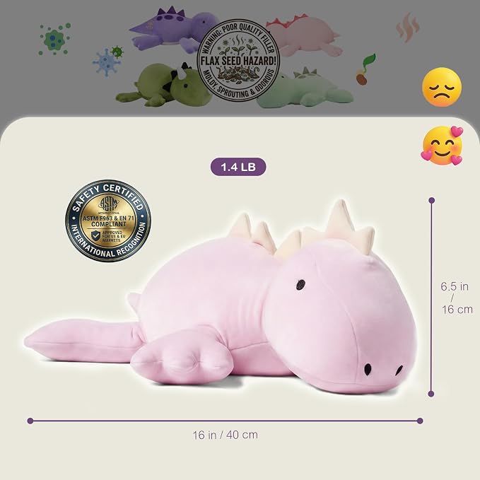 KOWSI® Microwavable Heating Pad Purple Stegosaurus Plush - 1.4 Lb Weighted Stuffed Animal Toy with Tourmaline Beads & Lavender - 16" Squished Long Dinosaur Pillow - Lumbar Back Cushion Lasting Warmth