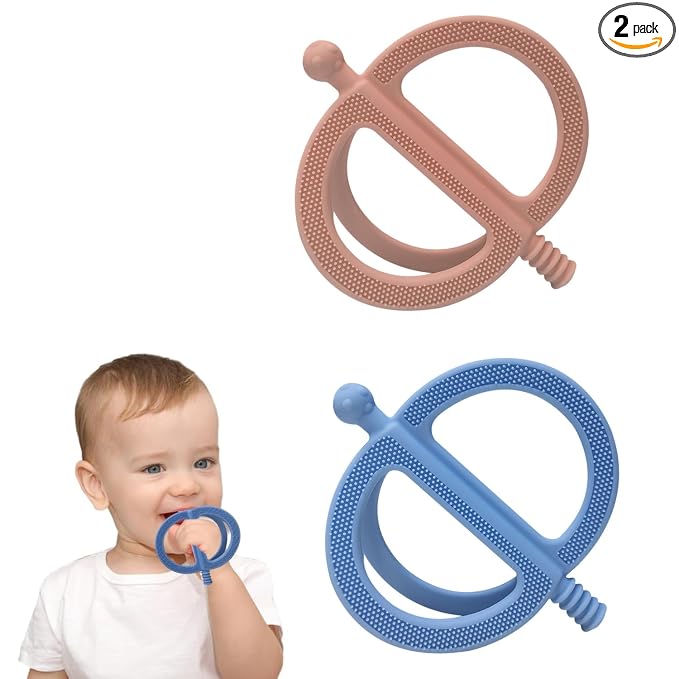SOLIFEGOBLE 2 Pack Baby Teething Toy for 0-24 Months, Food Grade Silicone Teether, Easy Grip Design to Soothe Gum Pain, BPA-Free, Freezable & Dishwasher Safe (Khaki+Light Blue)