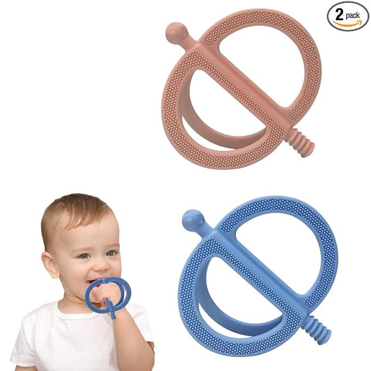 SOLIFEGOBLE 2 Pack Baby Teething Toy for 0-24 Months, Food Grade Silicone Teether, Easy Grip Design to Soothe Gum Pain, BPA-Free, Freezable & Dishwasher Safe (Khaki+Light Blue)