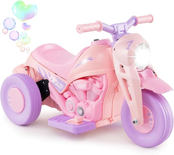 Costzon Kids Motorcycle, 6V Battery Powered Ride on Motorcycle with Bubble Maker, Music, LED Headlight, Forward & Backward, 3 Wheels Electric Motorcycle for Kids, Gift for Boys & Girls (Pink & Purple)