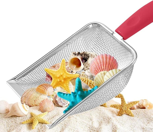 Beach Mesh Shovel, Shark Tooth Sifter Dipper for Shell Collecting, Kids Filter Sand Scooper for Picking Up Shells - Beach Snow Toys for Kids (Red)