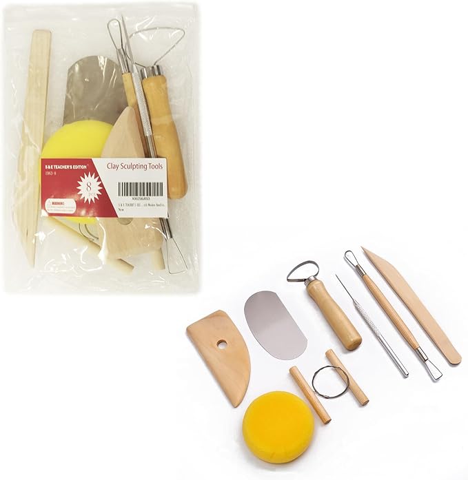 S & E TEACHER'S EDITION 8 Pcs Pottery & Clay Sculpting Tools, Double-Sided, Smooth Wooden Handles.