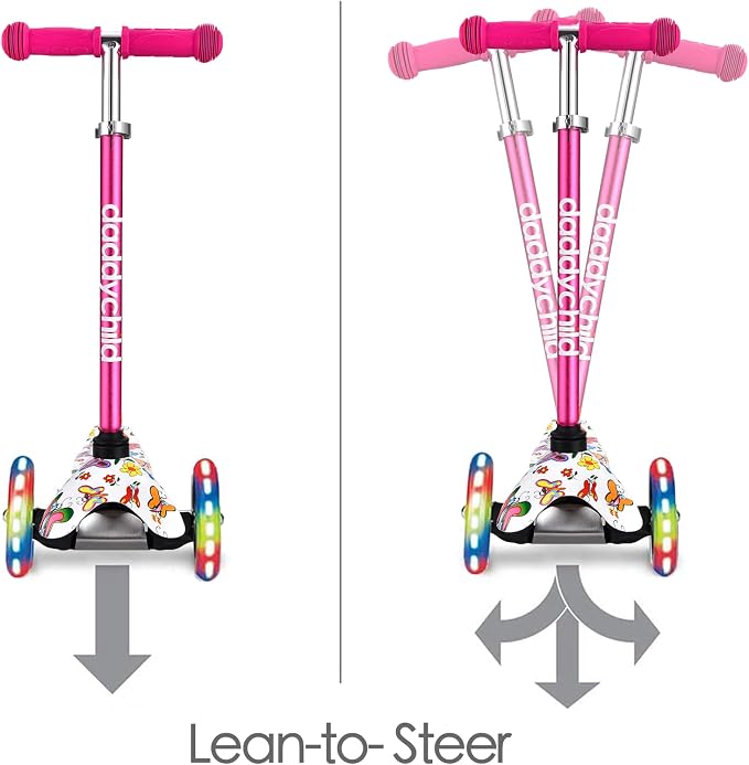 3-Wheel Kick Scooter for Kids Ages 3-8 Lean-to-Steer Toddler Scooter with Extra Wide Light Up Wheels, 4 Adjustable Heights, Foldable Scooters for Boys & Girls, Max Weight 110lbs