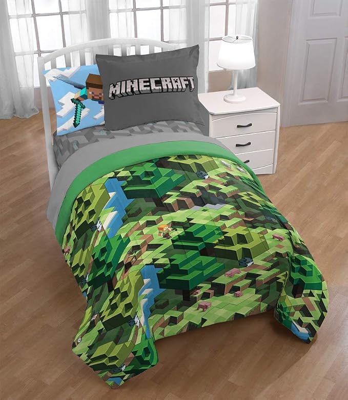 Jay Franco Minecraft Daytime 7 Piece Full Bed Set - Includes Comforter & Sheet Set - Bedding Features Alex and Steve - Super Soft Fade Resistant Microfiber - (Official Minecraft Product)