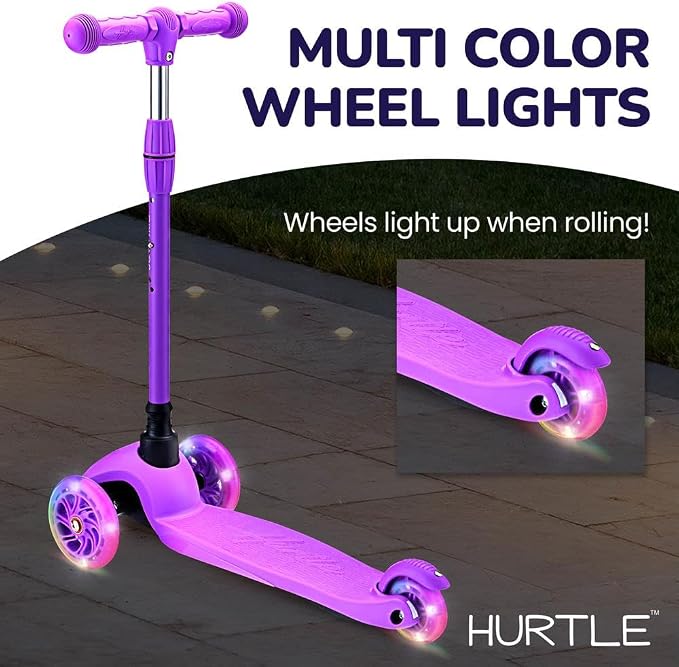 Hurtle Mini Kickboard 3 Wheel Scooter for Kids Ages 2-5 - Lean-to-Steer Toddler Scooter with Light-up LED Wheels, Adjustable Height & Rear Foot Brake for Boys. & Girls, Anti-Slip, Indoor/Outdoor