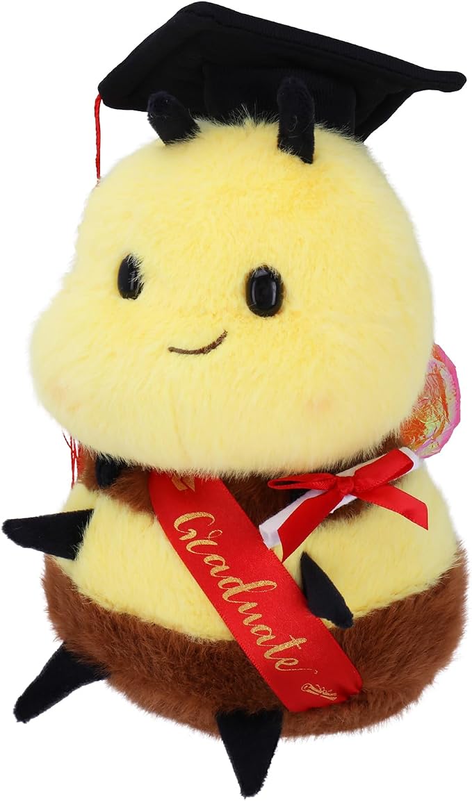 Chubby Smiling Bee Plush Toy with Doctoral Cap - Adorable Graduation - Inspired Stuffed Animal, Perfect Graduation Gift for Students (8 Inch)