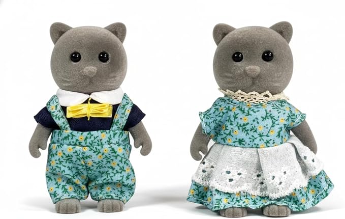 Family Gray Cat Figures — Set of 2 Collectible Flocked Mini Dolls with Removable Clothes, Dollhouse Pretend Play Set for Kids Ages 3+
