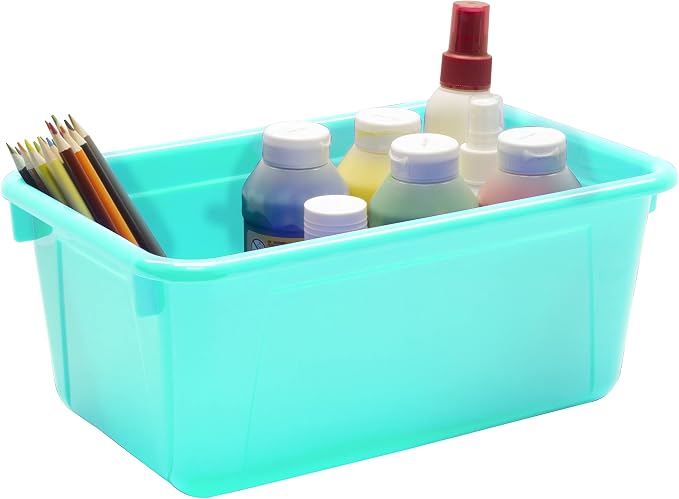 Storex Small Cubby Bins – Plastic Storage Containers for Classroom with Non-Snap Lid, 12.2 x 7.8 x 5.1 inches, Teal, 5-Pack (62412A05C)