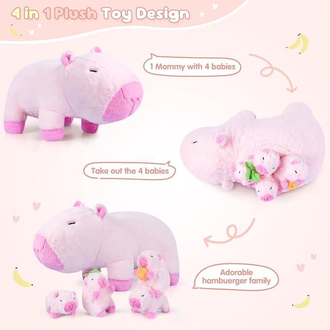 SuzziPals 5-in-1 Pink Capybara Plush with Babies Inside, 5Pcs Set Capybara Stuffed Animal with Mommy & 4 Babies, Cute Plush Pillow Decor, Cute 3 to 8 Year Old Girl Gift, Imaginative Toy (Capibara)