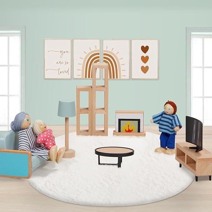Giant bean 36pcs Wooden Dollhouse Furniture Set 5 Rooms 4 Family Dolls, Wood and Plastic Blue Dollhouse Accessories, Pretend Play Furniture Toys Christmas Birthday Gift for Boys Girls Kids Toddlers 3+
