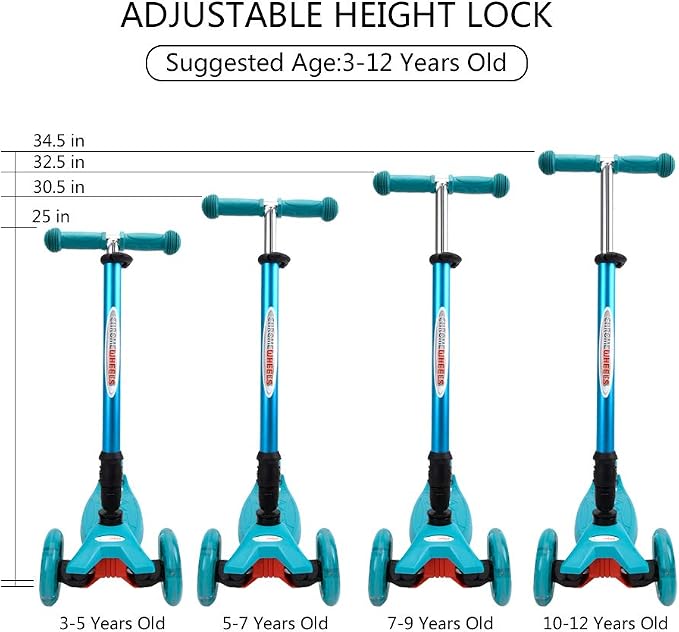 ChromeWheels Foldable Scooters for Kids, Deluxe Kick Scooter 4 Adjustable Height 132lbs Weight Limit 3 Wheel, Lean to Steer LED Light Up Wheels, Best Gifts for Girls Boys Age 3-12 Year Old