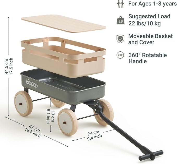 Kidpop Kids First Pull-Along Wagon with Removable Cover and Basket for Storage, 4-in-1 Push Pull Toy Cart for Toddlers, Lightweight (5.5 lbs), 1st Birthday Gift (Grey)