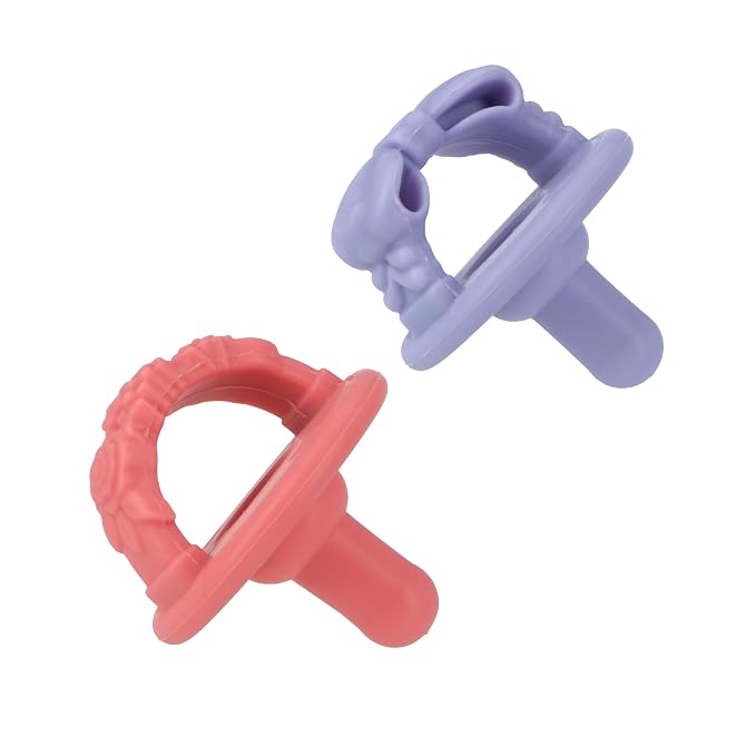 Nuby 3-D Sili Soother Pacifiers with Soft Handle and Two Safety Air Holes, 2 Pack, 0+ Months, Purple Bow and Pink Flowers