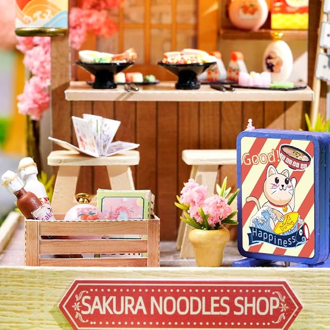 DIY Miniature Dollhouse Kits - Wooden Mini Model House with LED Lights, Tiny Furniture & Accessories – Craft Building Kits for Teens & Adults (Noodles Shop) – Birthday Valentine's Gift
