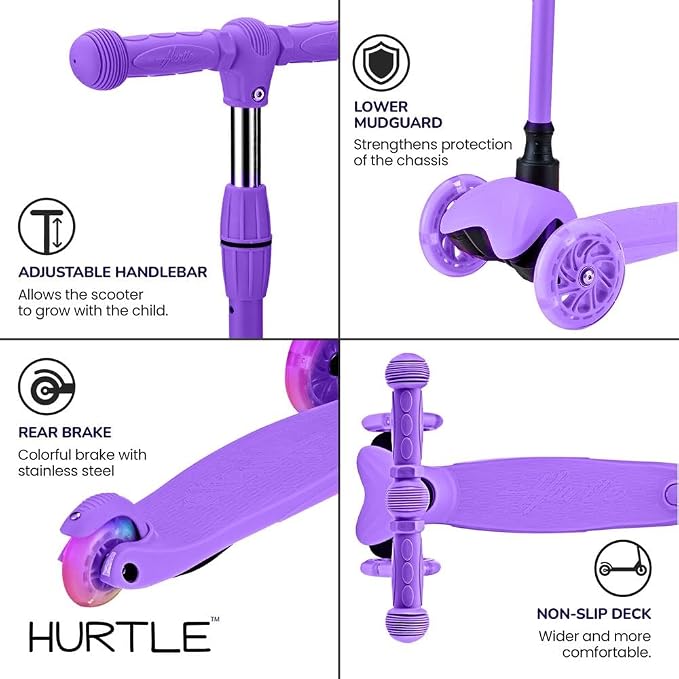 Hurtle Mini Kickboard 3 Wheel Scooter for Kids Ages 2-5 - Lean-to-Steer Toddler Scooter with Light-up LED Wheels, Adjustable Height & Rear Foot Brake for Boys. & Girls, Anti-Slip, Indoor/Outdoor