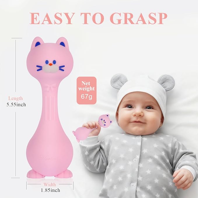 Baby Rattle Teething Toys Cat Silicone Teether Rattles for Baby 0-12 Months Food Grade Silicone (Pink)