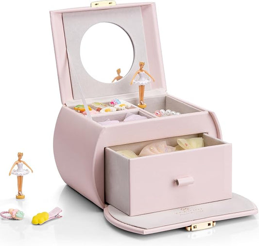 VLANDO Kids Musical Jewelry Box for Girls with Drawer, Music Box with Ballerina and Stickers for Birthday Bedroom Decor, Gifts for Girls Kids Christmas Thanksgiving Gifts 2024 - Light Pink