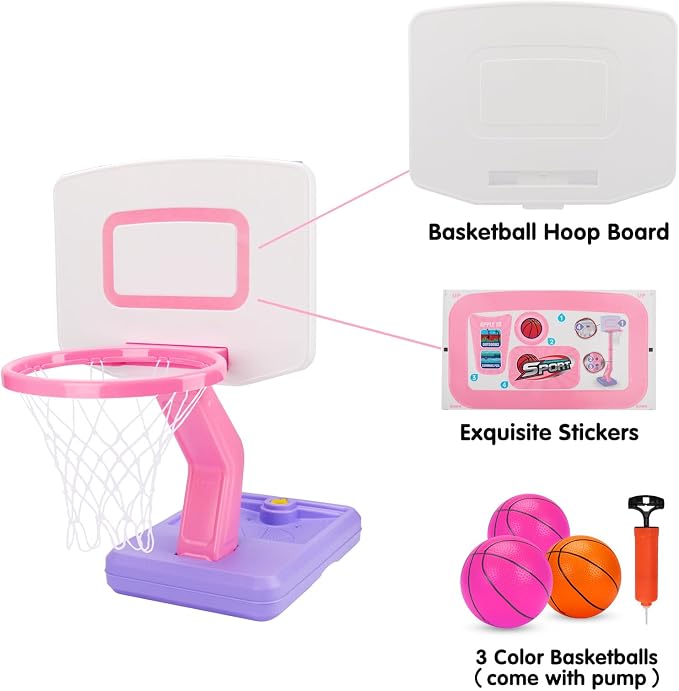 Basytodio Toddler Pink Basketball Hoop Indoor for Age 1-3, Adjustable Kids Basketball Hoop Goal, Mini Pool Outdoor Basketball Hoop with 3 Balls, Toddler Toys Age 1 2 3 4 Year Old Girls Birthday