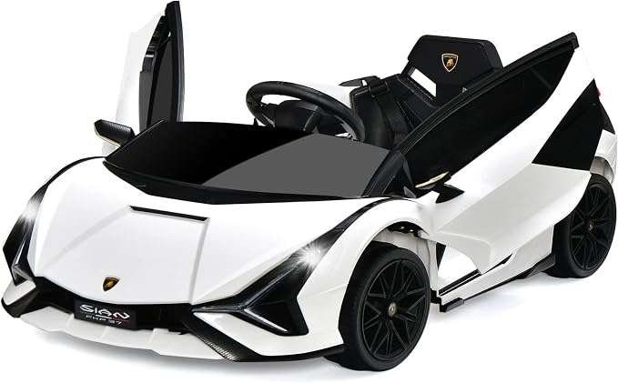 INFANS 12V Licensed Lamborghini Sian Kids Ride On Car with Parent Remote Control, Spring Suspension, MP3 Player, Electric Toy Roadster Carbon Fiber Textured for Toddler (White)