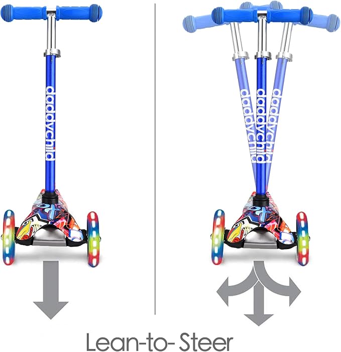 3-Wheel Kick Scooter for Kids Ages 3-8 Lean-to-Steer Toddler Scooter with Extra Wide Light Up Wheels, 4 Adjustable Heights, Foldable Scooters for Boys & Girls, Max Weight 110lbs