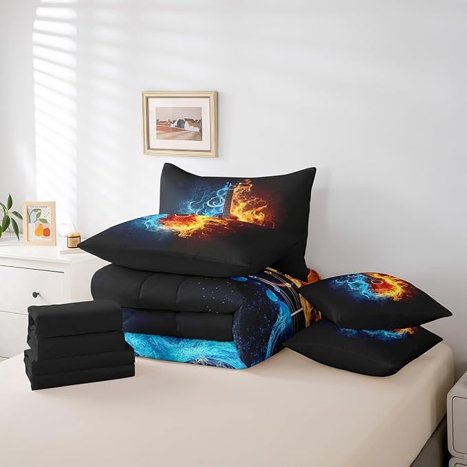 Feelyou Guitar Comforter Set with Sheets Twin Size Rock Music Bed in a Bag for Boys Girls Teens Black Blue Orange 7 Pieces Bedding Set Soft Lightweight Microfiber