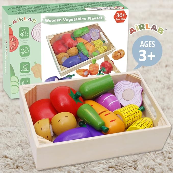 Wooden Play Food for Kids Kitchen Toys for Toddlers Cutting Pretend Toy Food Wooden Fruits Vegetables Gift for Boys Girls Educational Toys
