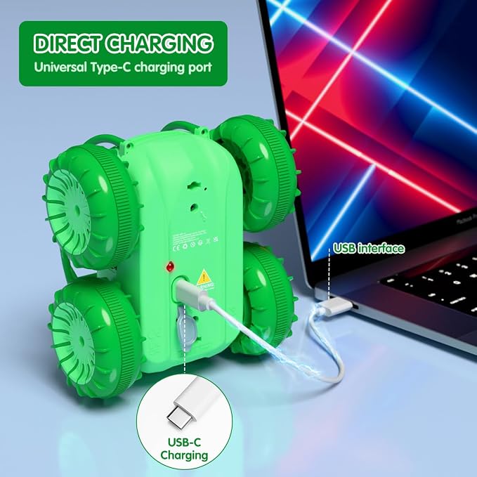 Remote Control Car, Fast Direct Charging RC Cars Amphibious Rechargeable Stunt Car 360° Rotating LED 2.4Ghz 4WD All Terrain Water-Resistant Toy Christmas Birthday Gift for Kids Boys