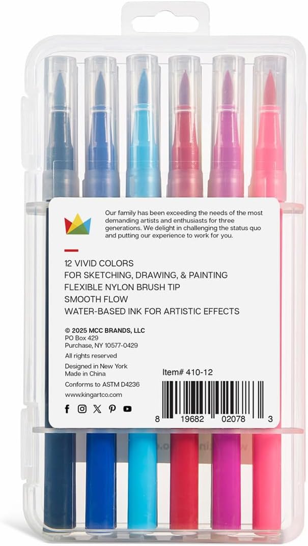 KINGART Watercolor Brush Marker Set – 12 Vivid Colors – Flexible Nylon Tips for Sketching, Drawing, Calligraphy, & Painting – Reusable Storage Case Include