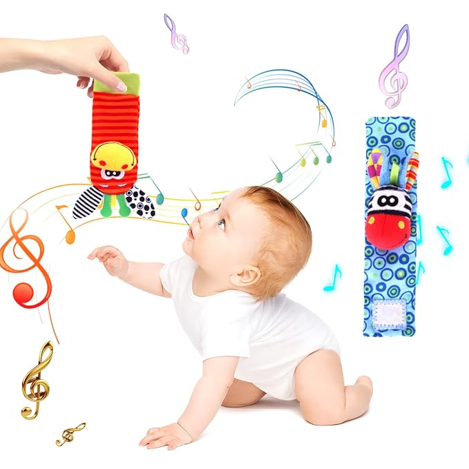 PADONISE Wrist Rattle Foot Finder Socks Set for Baby Arm Hand Rattle Feet Leg Ankle Socks Newborn Soft Sensory Toys Baby Socks Newborn Rattles Toys Valentines Gift 0-3 6-12 Months Infant Girl Boy