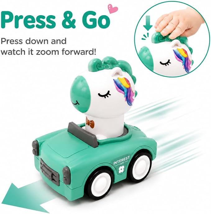 Press and Go Car Toys for Toddler Girls 1-3, 4 Pack Unicorn Vehicles | 4 colorful unicorn cars for toddler girls, press-and-go play, sharing races, birthday gifts, and screen-free floor fun