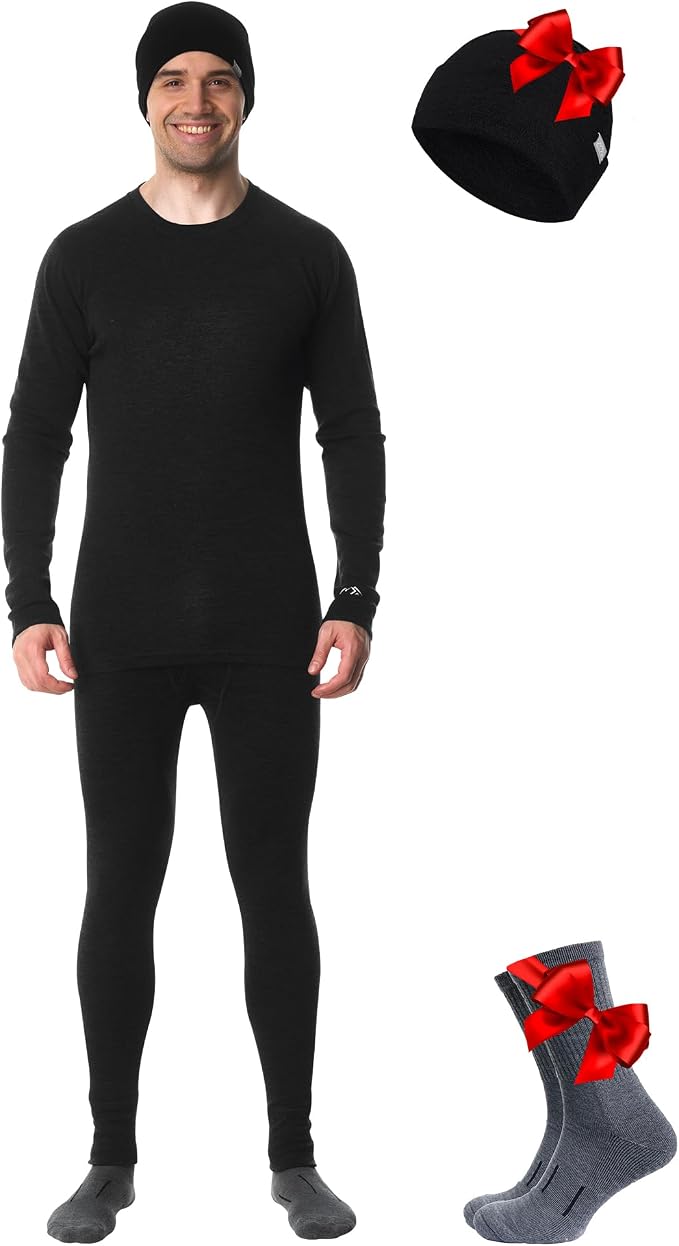 Merino.tech Merino Wool Base Layer Mens Set - Heavyweight, Midweight, Lite Merino Wool Thermal Underwear For Men Top, Bottom