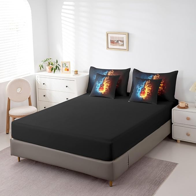 Feelyou Guitar Comforter Set with Sheets King Size Rock Music Bed in a Bag for Boys Girls Teens Black Blue Orange 7 Pieces Bedding Set Soft Lightweight Microfiber