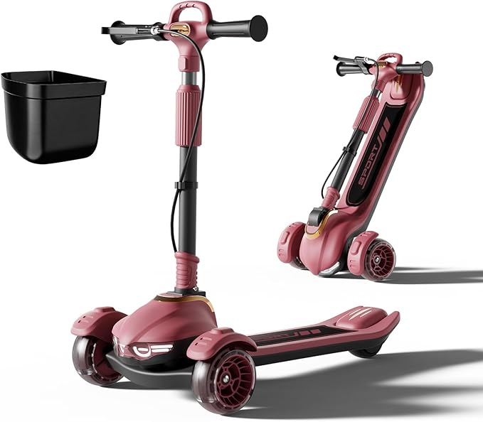 Large Kids Scooter, Toddler Scooter for Kids 3-18 & Adults, Safe Dual Brakes (Foot Brake/Hand Brake) & Music with Lights, 5-Level Adjustable & One-Click Folding Kick Scooter.