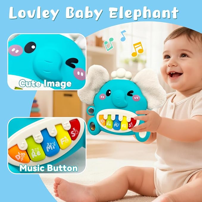 Cute Elephant Piano for Baby Musical Toys 18M+, Early Learning Light up Music Keyboard Infant Toy Perfect Christmas Birthday Gifts for Boy & Girl Age 2 3 Years Old (Blue-Elephant)