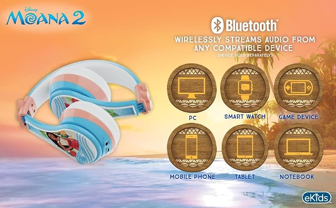Moana 2 Bluetooth Headphones for Kids. Wireless Headphones for School, Home or Travel