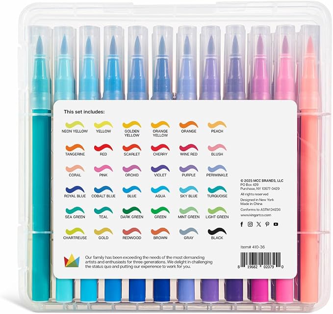 KINGART Watercolor Brush Marker Set – 36 Vivid Colors – Flexible Nylon Tips for Sketching, Drawing, Calligraphy, & Painting – Reusable Storage Case Included