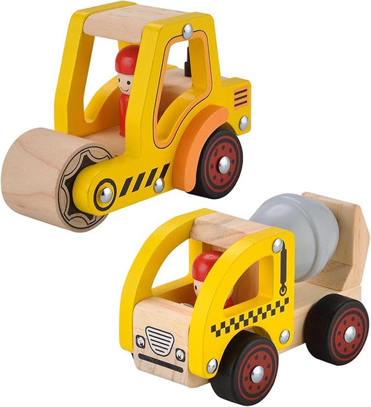 2 Pcs Wooden Push Car Toys for Infants 18+ Months, Push and Go Vehicle,Kid Vehicle Toys,Hand Push Car Toys for Toddlers, Birthday Gifts for Boys Girls(Cement Truck + Road Roller car)