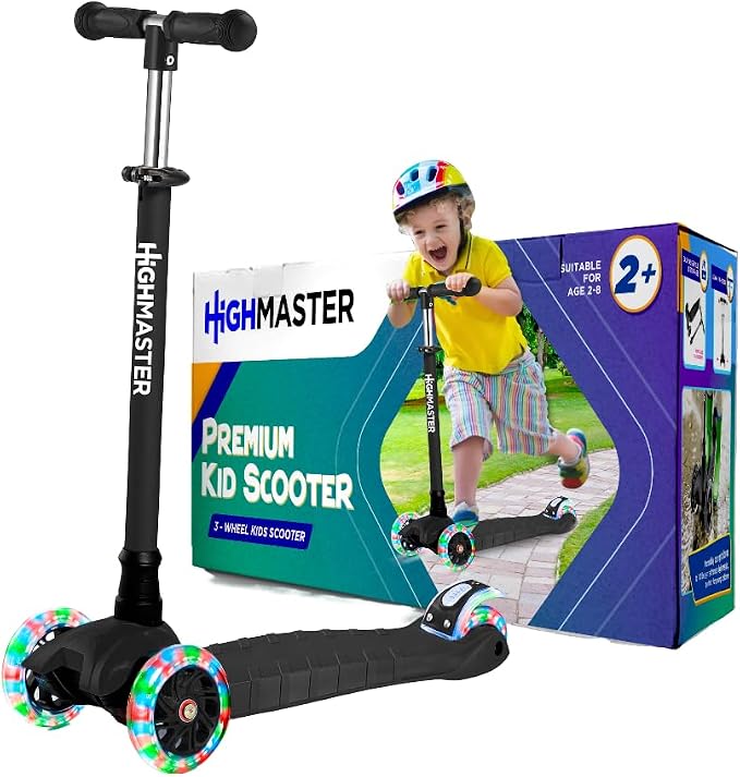 HighMaster Kids Scooter – 3 Wheel Kick Scooter for Children and Toddlers – Adjustable Handlebar with LED Wheel Lights – Indoor and Outdoor Fun