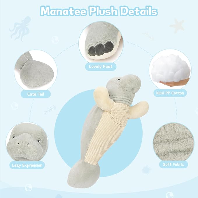 MorisMos 47 Inch Giant Manatee Stuffed Animal, Grey Manatee Plush Toy, Soft Sea Cow Plush Body Pillow for Sleeping, Cuddles & Home Decor, Christmas Birthday Gift for Kids Adults