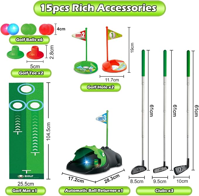 Clemas Upgraded Kids Toy Golf Set with Dinosaur Automatic Golf Returner, Led Light Up Night Golf Balls, 3 Clubs, Putting Mat, 3-8 Toddler Mini Golf Games, Indoor Outdoor Sports Toys for Boys Girls 3+