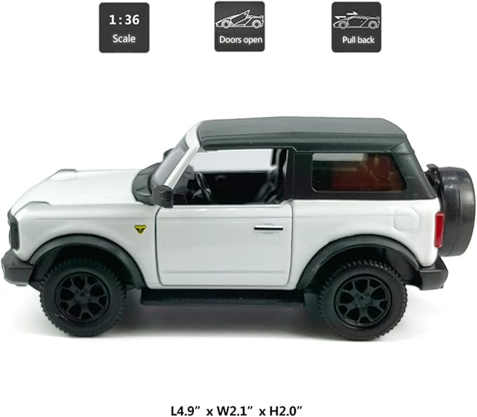 2-Door Bronco Badlands Model Car 1/36 Scale Diecast Toy Cars Metal Alloy Children’s Vehicles, Pull Back Doors Open, Black Rim, Mens Collection, Kids Toys for Boys Gifts, Cake Topper Home Décor, White