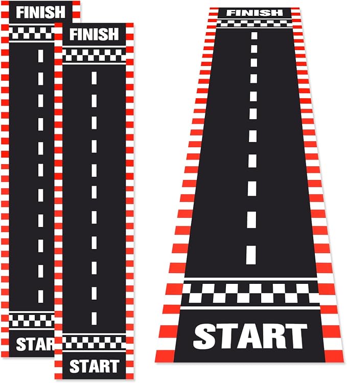 Fabbay 2 Pieces Racing Car Party Decorations 2 x 9. 8 ft Long Racetrack Floor Running Mat Drag Race Car Road Birthday Party Supplies Checkered Race Tracks Runway Party Supplies for Sport Event
