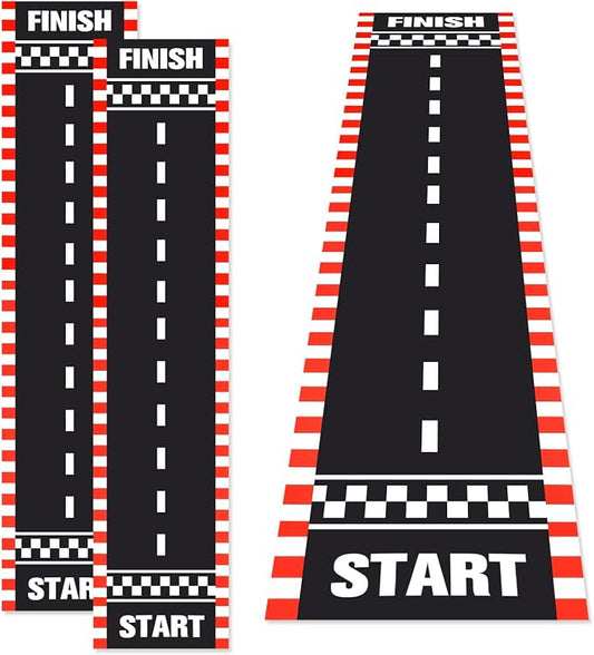 Fabbay 2 Pieces Racing Car Party Decorations 2 x 9. 8 ft Long Racetrack Floor Running Mat Drag Race Car Road Birthday Party Supplies Checkered Race Tracks Runway Party Supplies for Sport Event