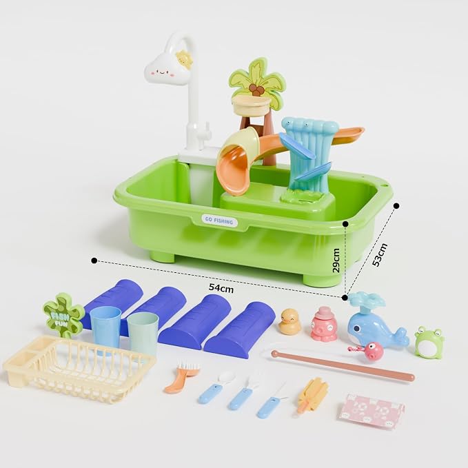 Sand and Water Table Toy for Toddlers, 22 Piece Toy Accessories, 4L Large Capacity Basin, Fishing Game/Kitchen Sink Toys, Perfect Summer Gift for Kids Ages 3-8 (Green)