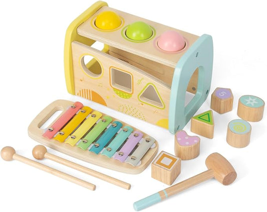 WOODENFUN Hammering Pounding Toys Wooden Educational Toy Xylophone Shape Sorter, Birthday Gift for 3 Years Boys Girls Baby Toddler Kids Developmental Montessori Learning Toy (Yellow)