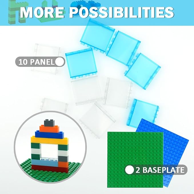MALEKO 310 Pieces Classic Bricks Parts Pack, 2 Stackable Base Plates Transparent Flat Plates and Basic Creative Bulk Blocks, Compatible Starter Building Blocks in Random Color - Mixed Shape