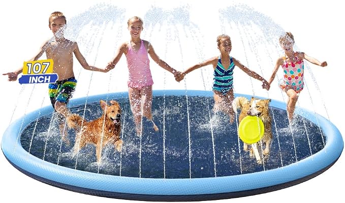 PETOCAT Splash Pad Non-Slip Dogs Cool Sprinkler Pool Extra Large Splash Pads for Kids Dog Baby Wading Pool Summer Outdoor Play Water Fun Toy Gift Easy to Use/Clean 107 inch