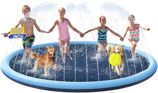 PETOCAT Splash Pad Non-Slip Dogs Cool Sprinkler Pool Extra Large Splash Pads for Kids Dog Baby Wading Pool Summer Outdoor Play Water Fun Toy Gift Easy to Use/Clean 107 inch