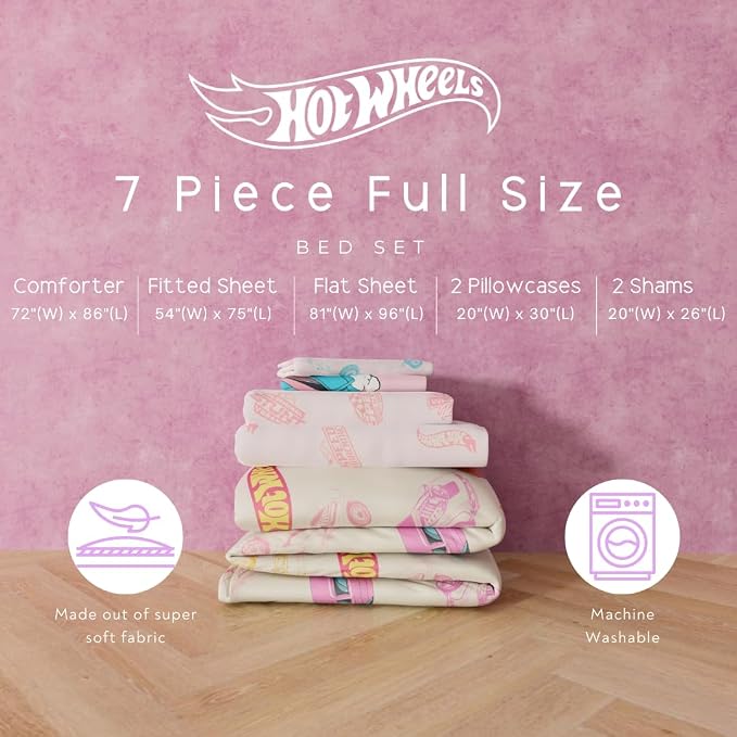Hot Wheels Girls Kids Bedding Super Soft Comforter and Sheet Set with Sham, 7 Piece Full Size, (Officially Licensed Product) By Franco